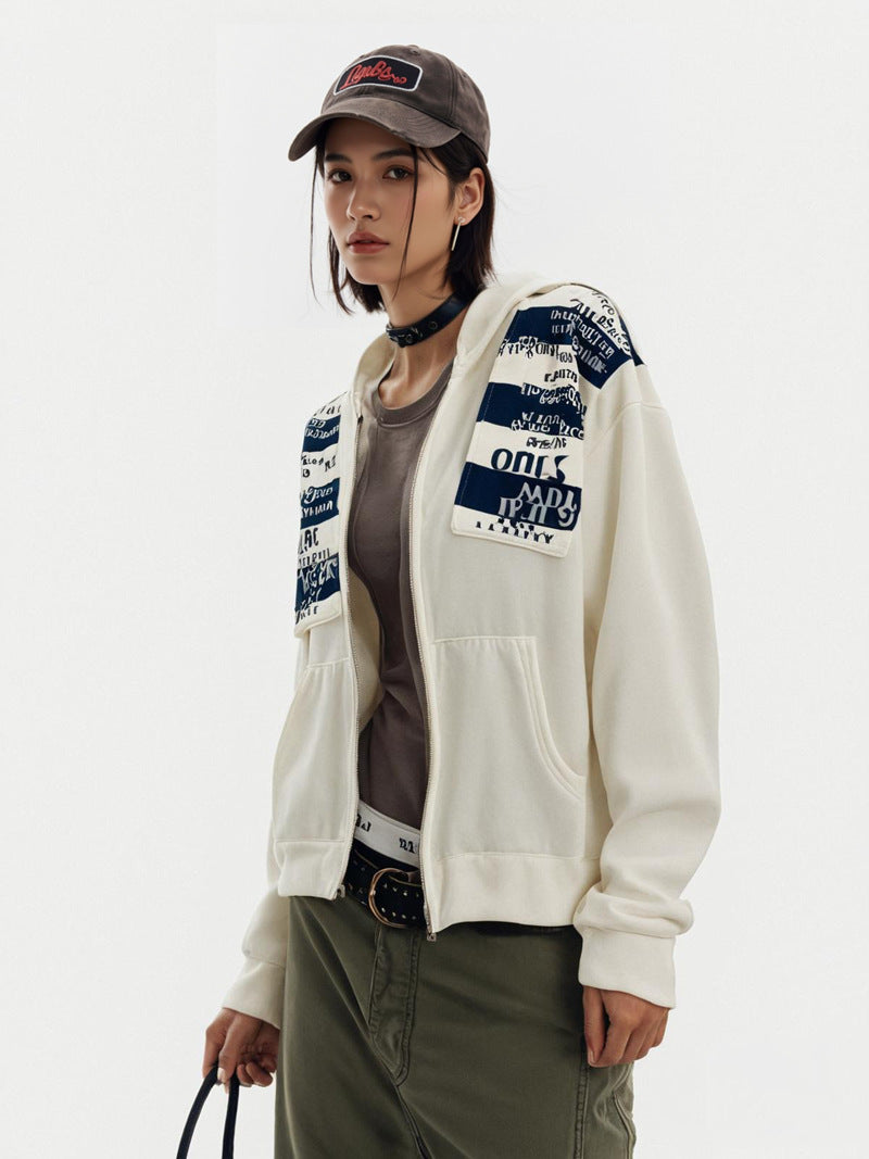 Letter Patch Suede Hooded Sweatshirt