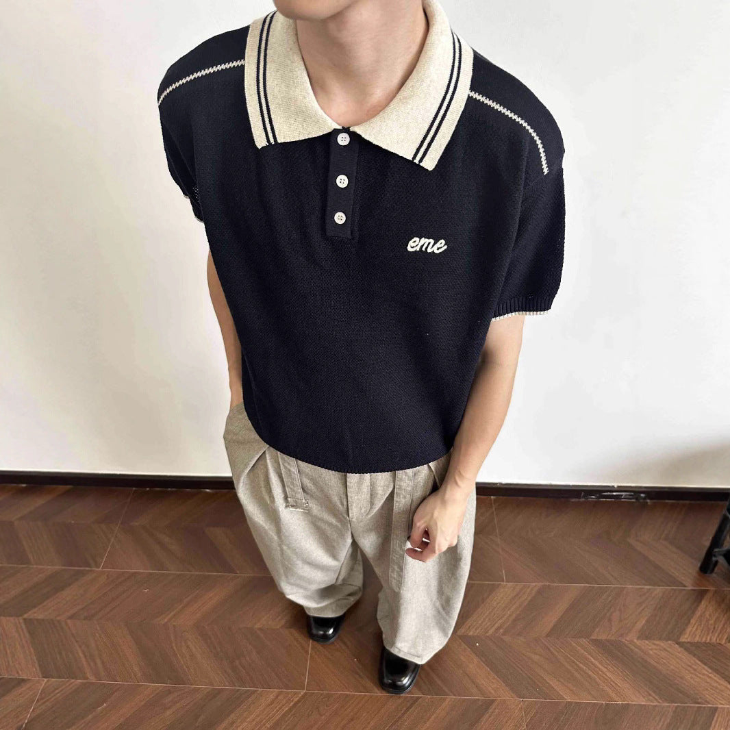 Texture Floral Linen Colorblock Vintage Collar Polo Shirt Knit Short Sleeve