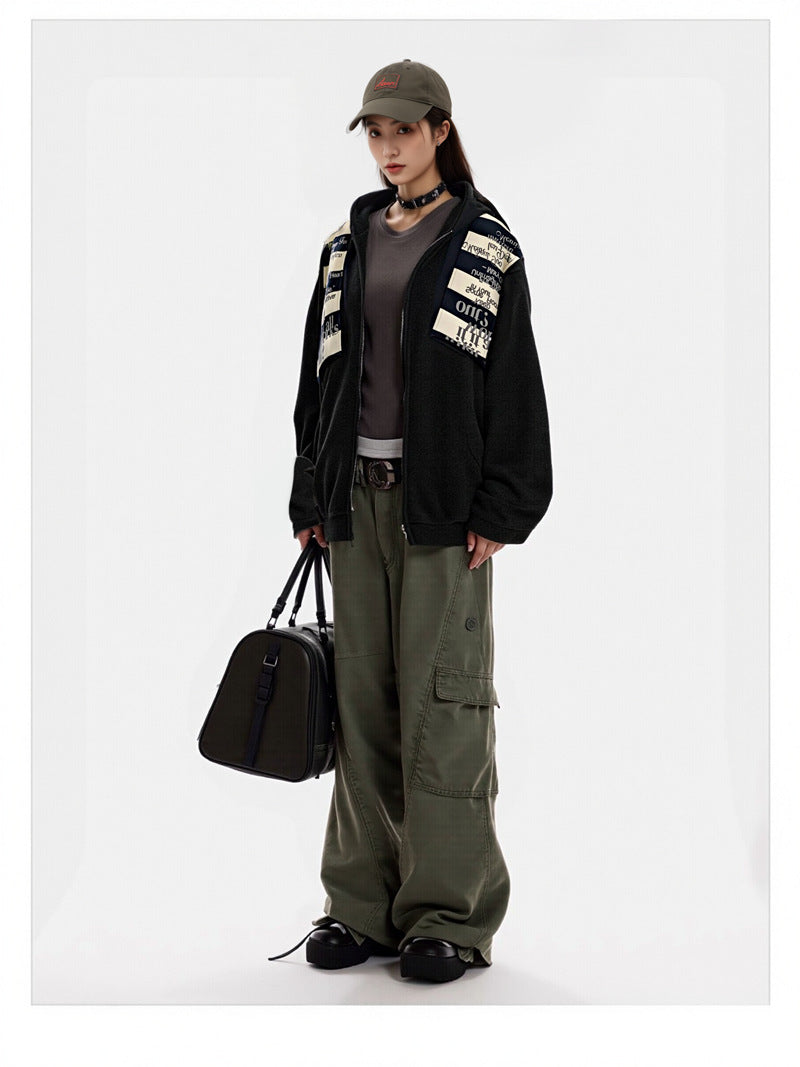 Letter Patch Suede Hooded Sweatshirt