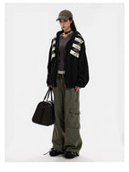 Letter Patch Suede Hooded Sweatshirt