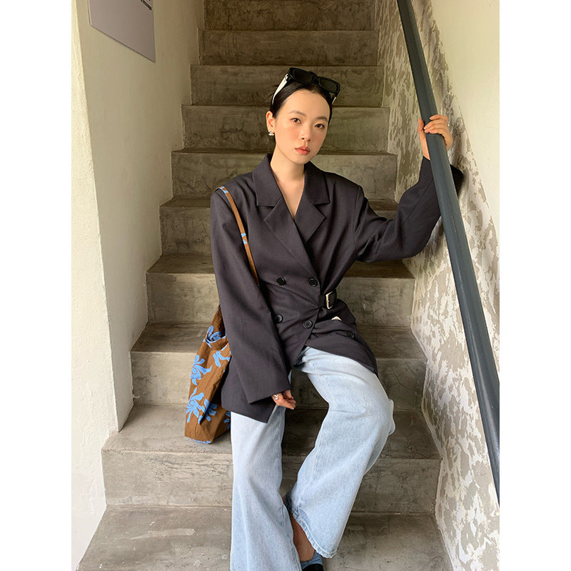 Waist cinched double breasted suit coat