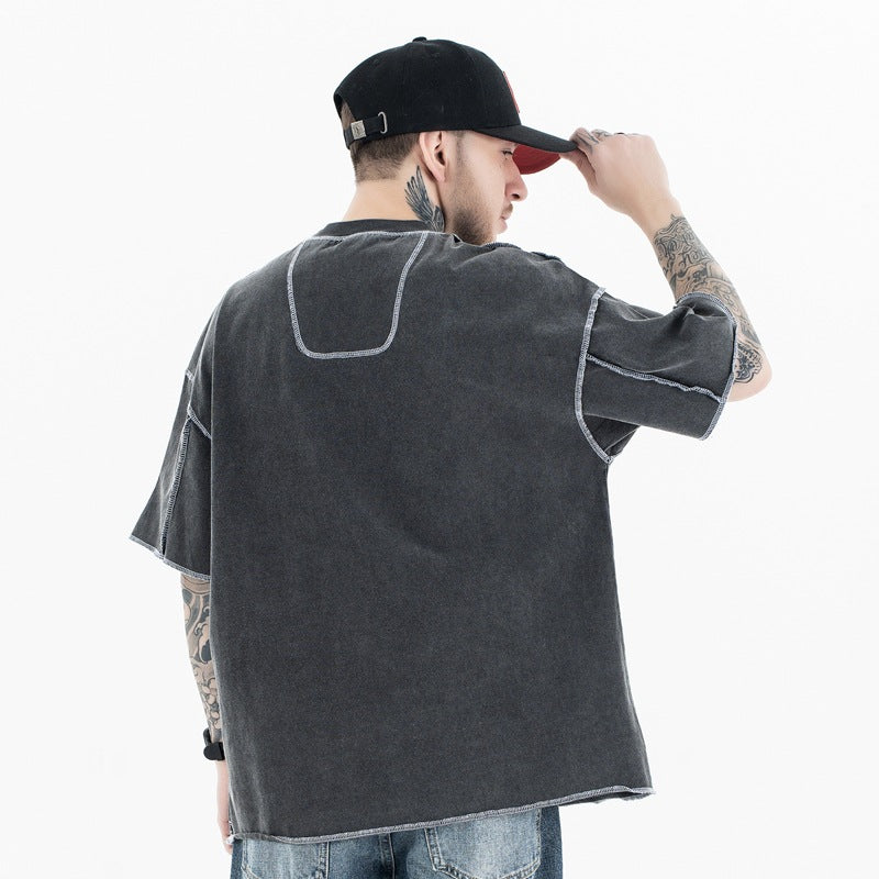 Men's Clothing Reversible Design Letter Print Retro Short Sleeve T-Shirt