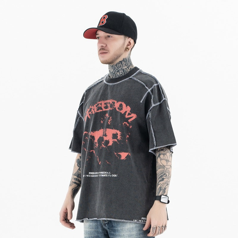 Men's Clothing Reversible Design Letter Print Retro Short Sleeve T-Shirt