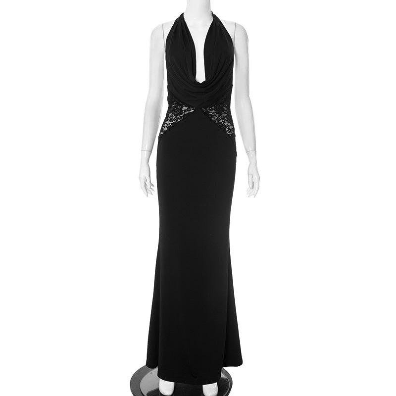 Lace patchwork neck tie deep V-long dress for women
