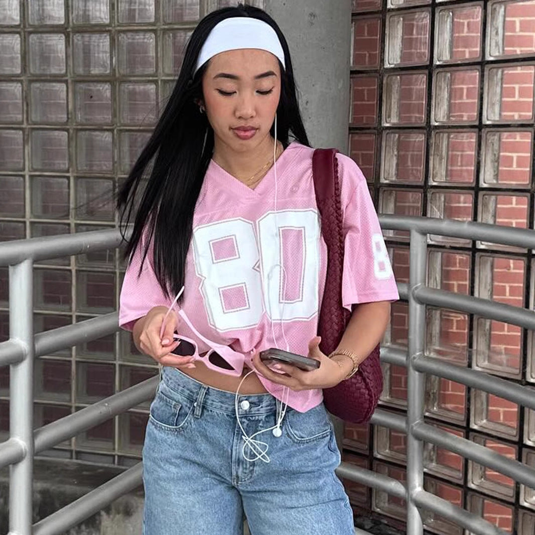 Style Digital Print V-Neck Loose Sports T-Shirt Spicy Girl Quick-Dry Functional Versatile Casual Short Sleeve Top