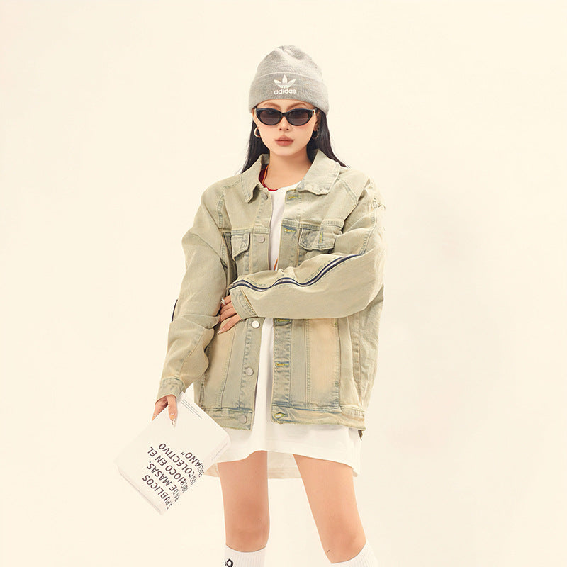 Washed and Worn Solid Color Zipper Denim Jacket