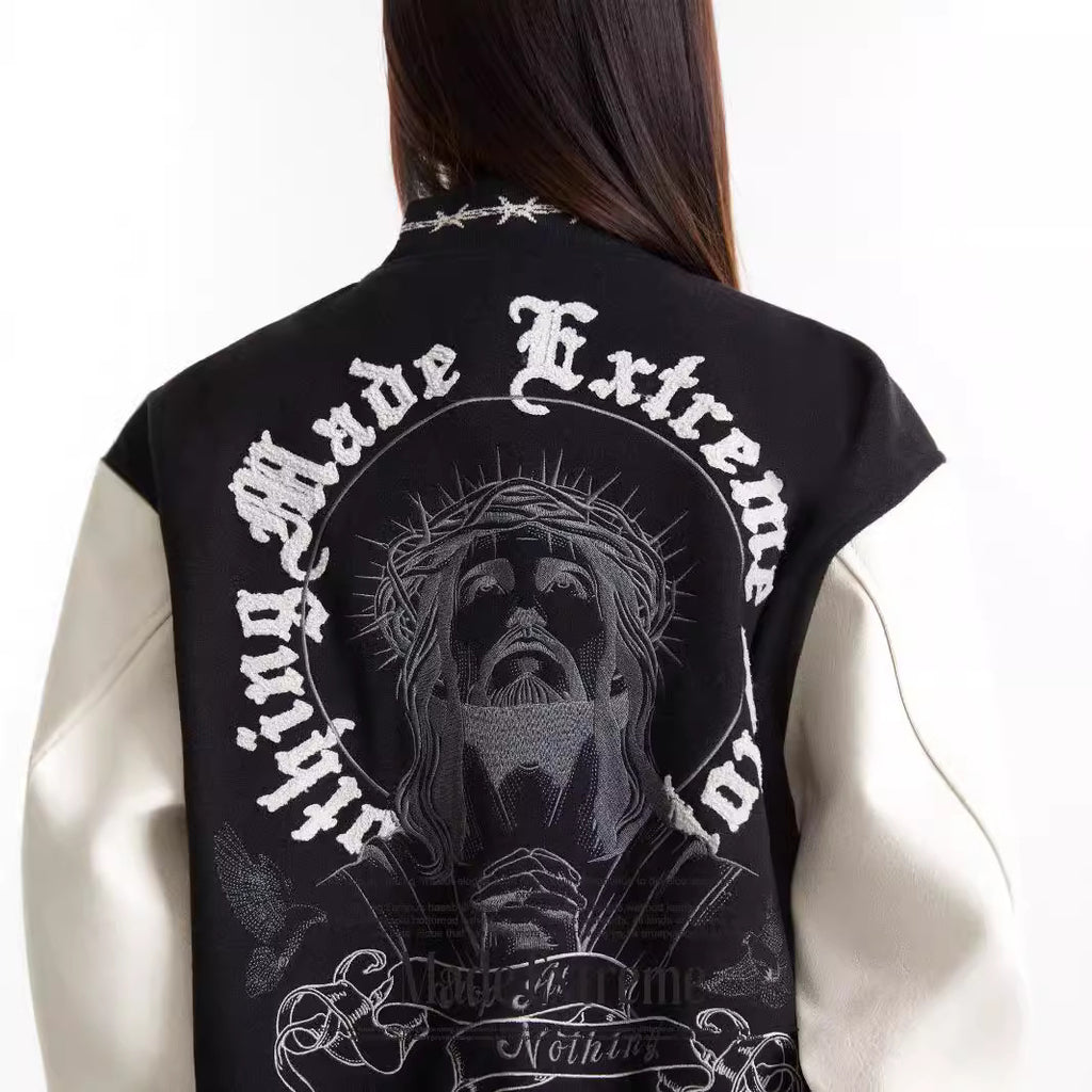 Mixed embroidery PU sleeves Jacket