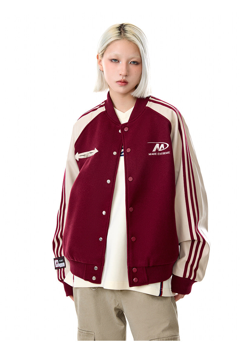 Color Block PU Leather Sleeve Baseball Coat