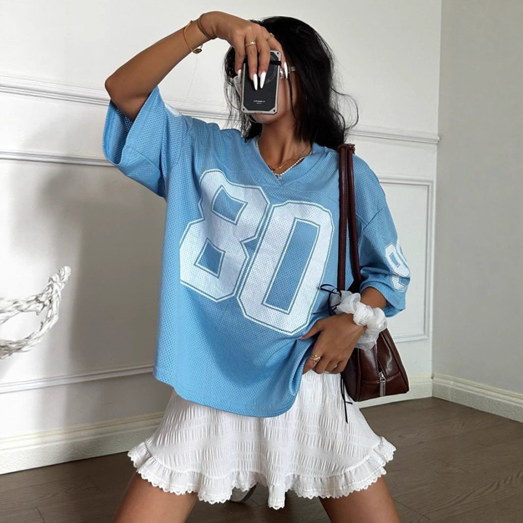 Style Digital Print V-Neck Loose Sports T-Shirt Spicy Girl Quick-Dry Functional Versatile Casual Short Sleeve Top