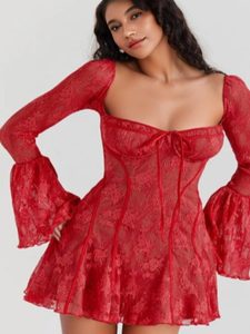 Women's Fitted Lace Flare Long Sleeve Belted Short Dress