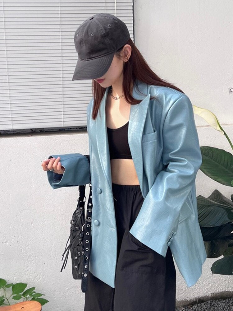 Blue Leather Casual Blazer Jacket
