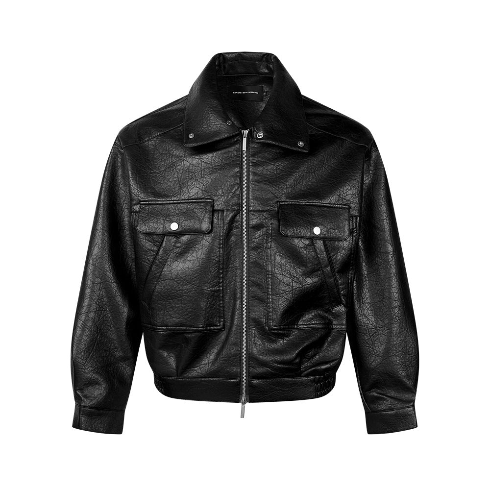 Casual Turn-down Collar Jacket for Men and Women PU Leather with Litchi Pattern