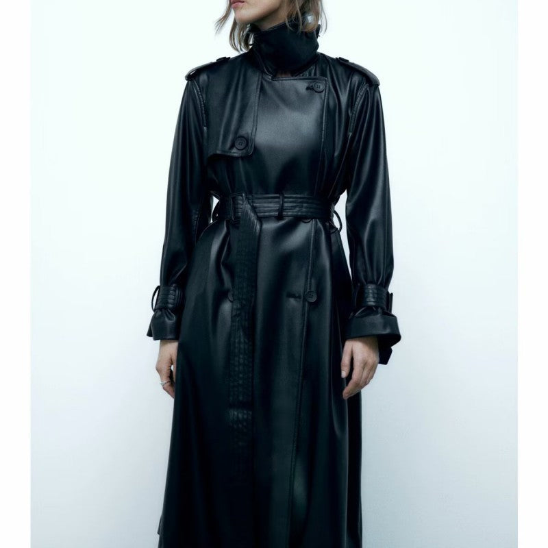 Belted Faux Leather Trench