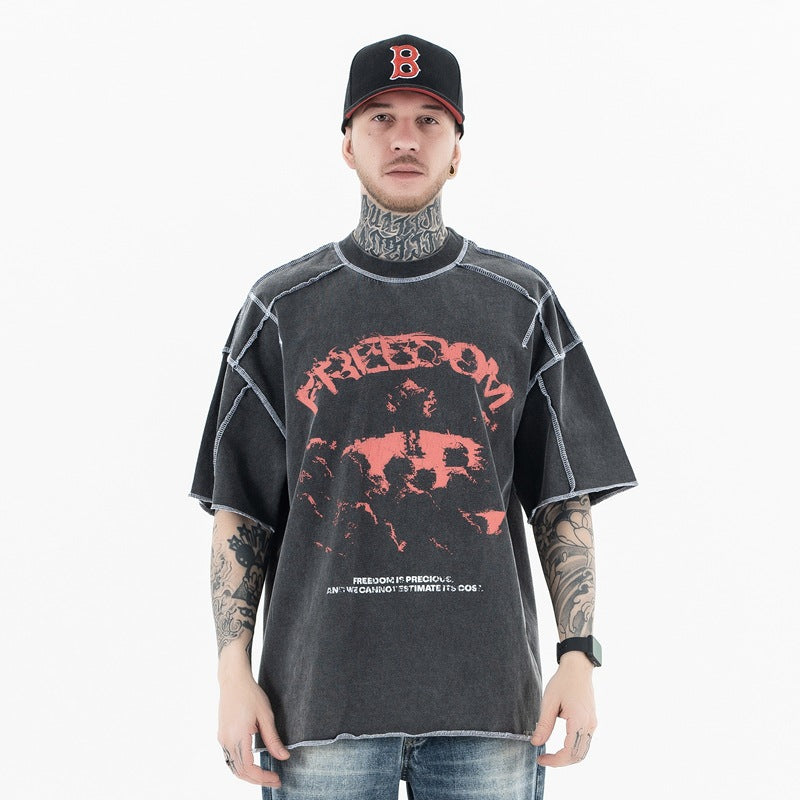 Men's Clothing Reversible Design Letter Print Retro Short Sleeve T-Shirt