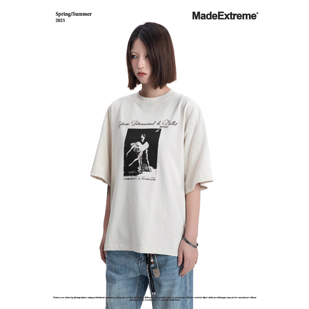 Washed Distressed Printed High Street Fashion Short Sleeve T-Shirt for Men and Women