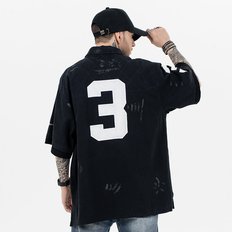 Men's Polo Shirt with Patchwork Badge Letter Embroidery Football