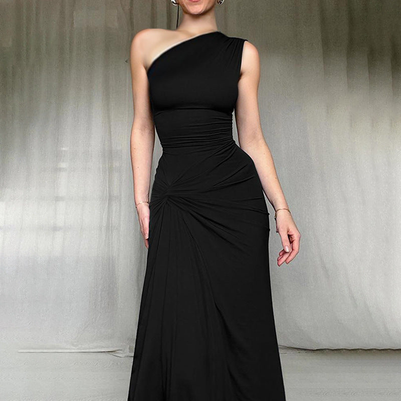 Slanted Collar Single Shoulder Waist Dress With Slit Design